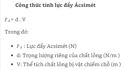  Công thức tính lực đẩy ácsimét 