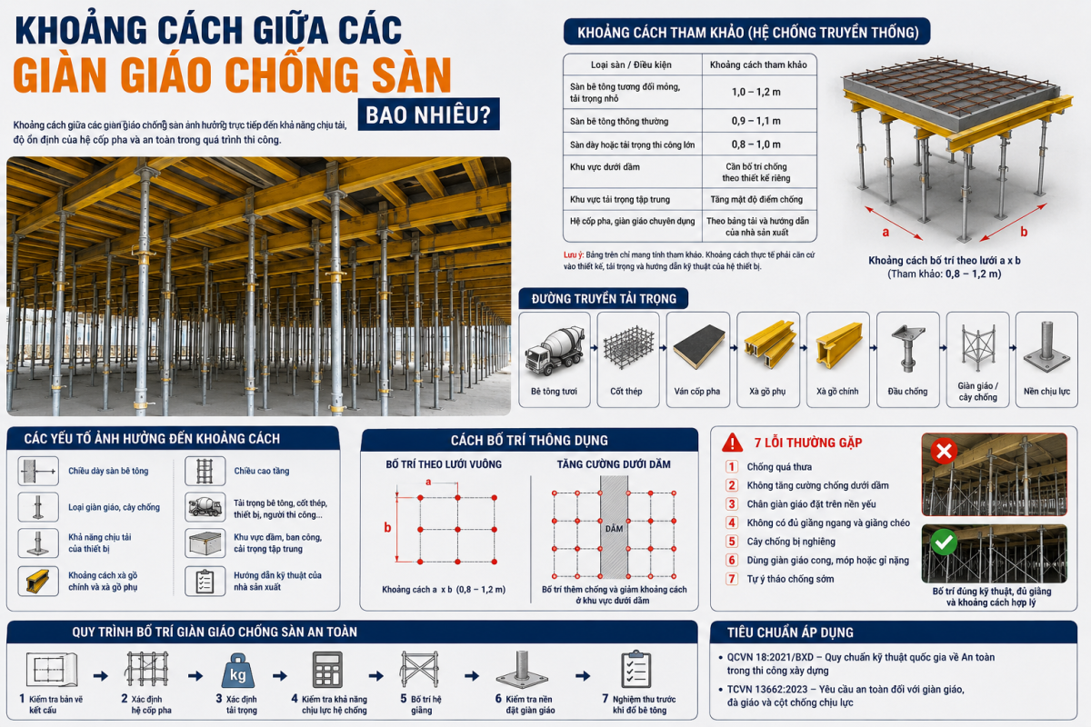 Khoảng Cách Giữa Các Giàn Giáo Chống Sàn Bao Nhiêu? Cách Bố Trí Đúng Kỹ Thuật khoang cach giua cac gian giao chong san